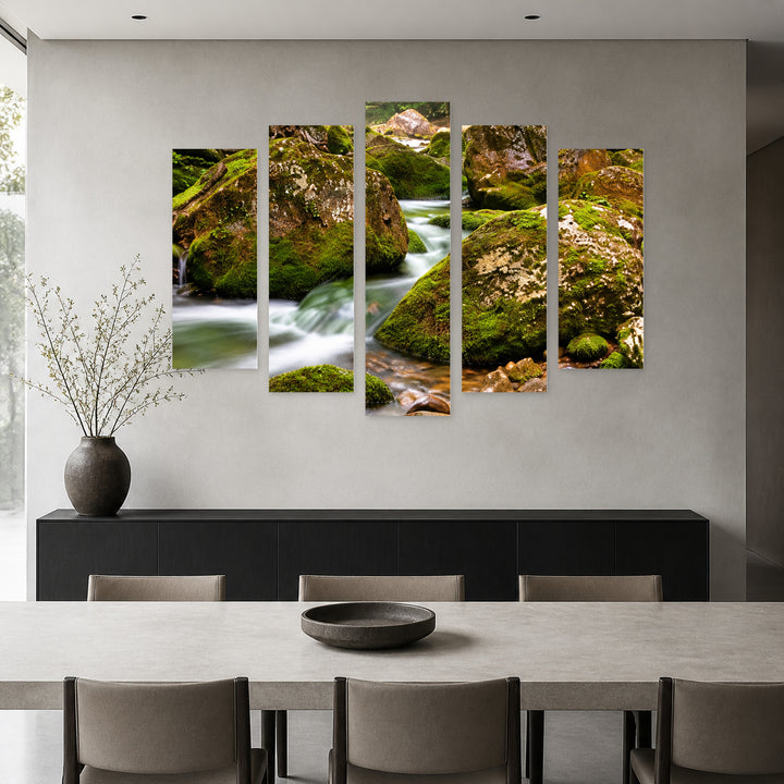 Stream in Serene Light — five-panel wall art in alternate frontal interior | 5wallart 57679 M4