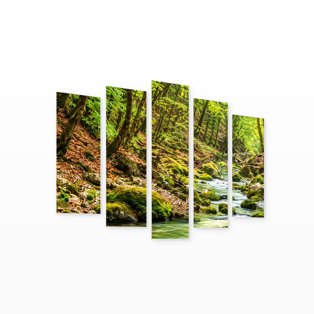 Green Idyll with Geometric Rhythm — five-panel wall art on white background in perspective | 5wallart 57680 M1