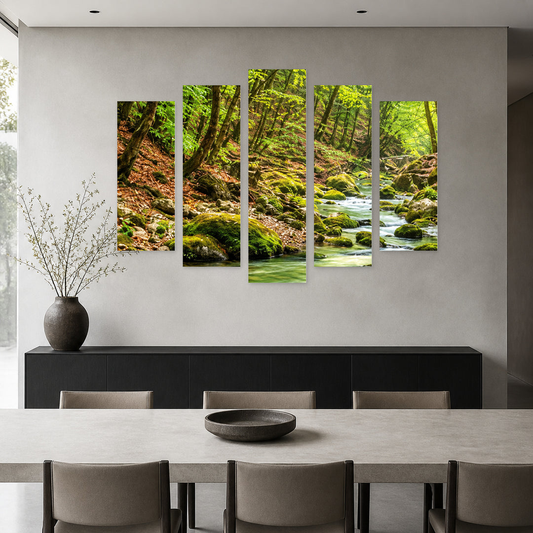 Green Idyll with Geometric Rhythm — five-panel wall art in frontal interior | 5wallart 57680 M3