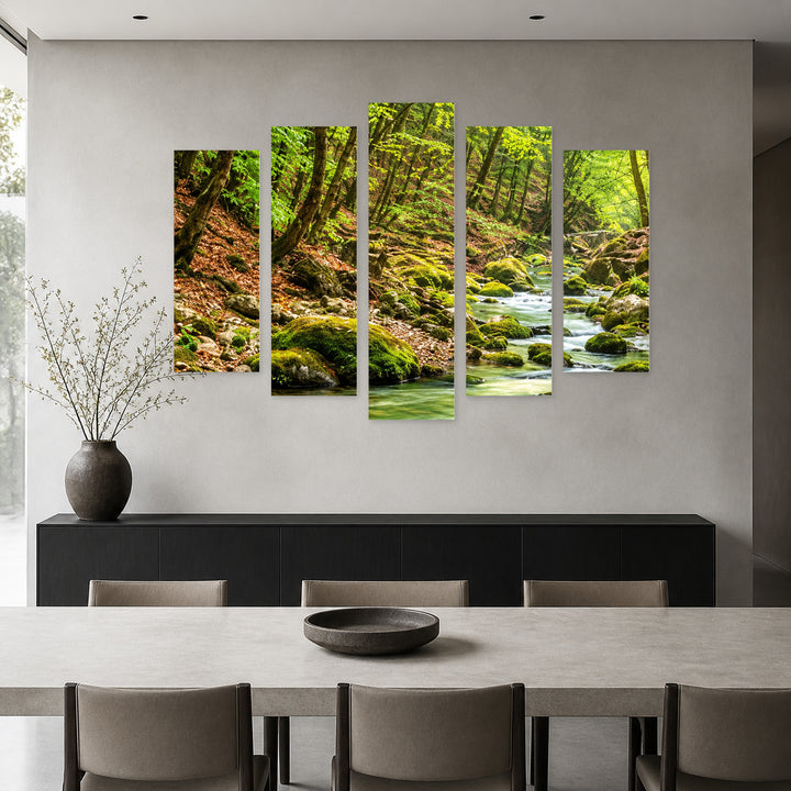 Green Idyll with Geometric Rhythm — five-panel wall art in frontal interior | 5wallart 57680 M3