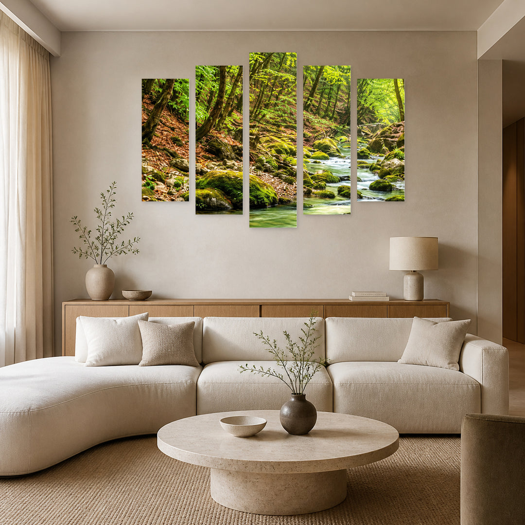 Green Idyll with Geometric Rhythm — five-panel wall art in alternate frontal interior | 5wallart 57680 M4