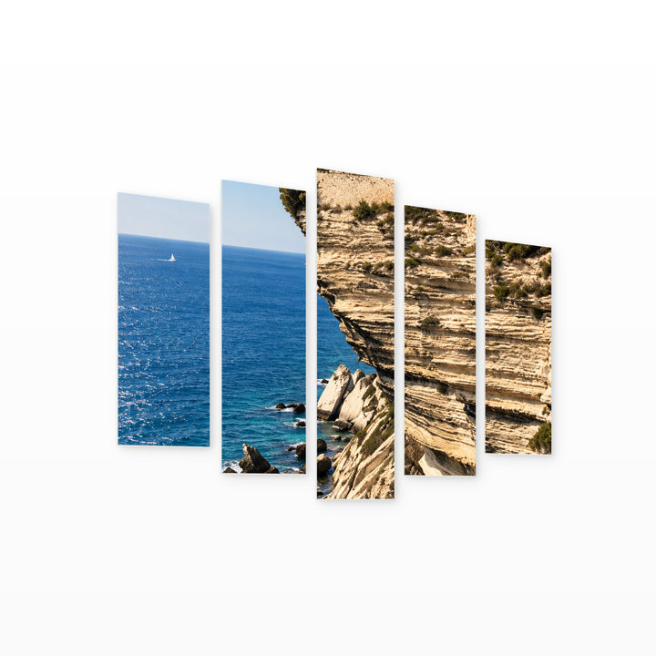 Bonifacio, Corsica in Blue and Gold — five-panel wall art on white background in perspective | 5wallart 57681 M1