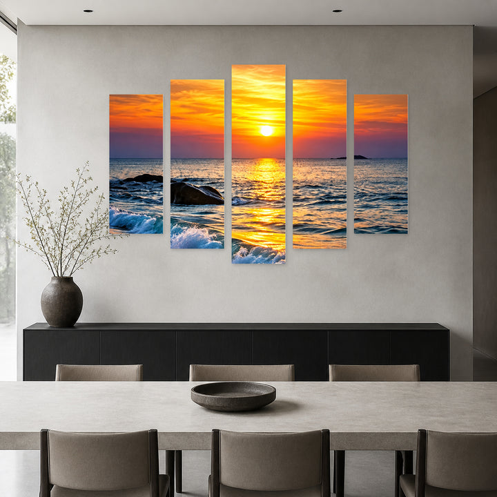Summer Evenings at Golden Sunset — five-panel wall art in frontal interior | 5wallart 57682 M3