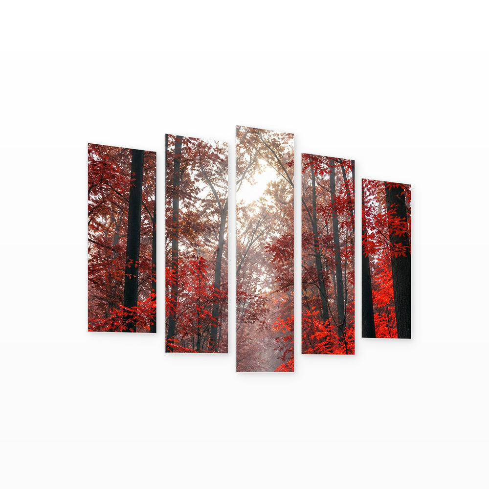 Red Autumn Landscape Study — five-panel wall art on white background in perspective | 5wallart 57684 M1