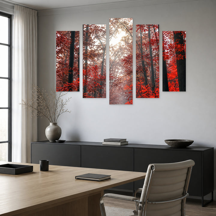 Red Autumn Landscape Study — five-panel wall art in frontal interior | 5wallart 57684 M3