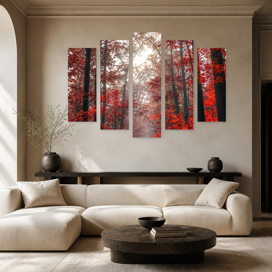 Red Autumn Landscape Study — five-panel wall art in alternate frontal interior | 5wallart 57684 M4