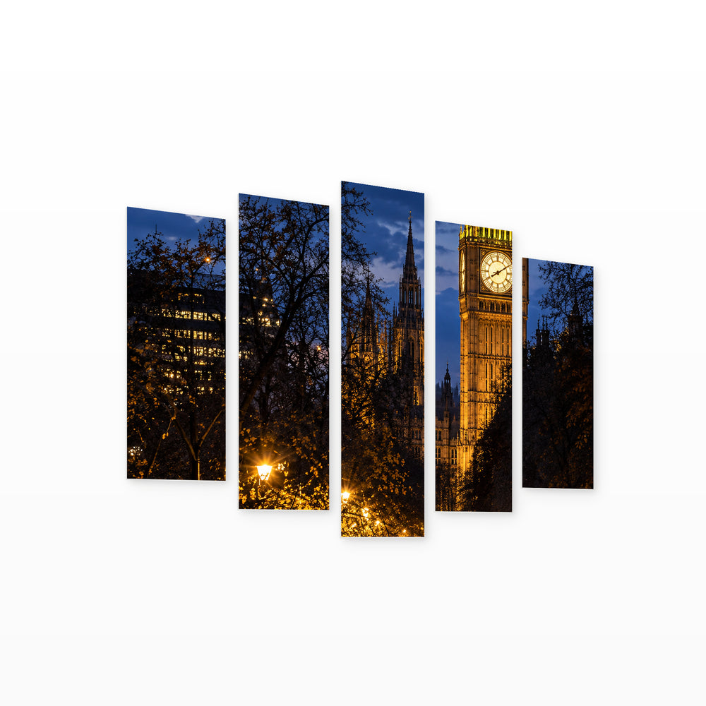 London - Night in Blue and Gold — five-panel wall art on white background in perspective | 5wallart 57686 M1