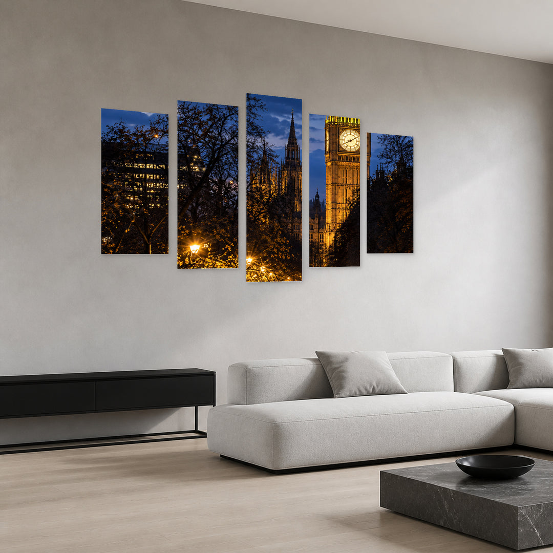 London - Night in Blue and Gold — five-panel wall art in perspective interior | 5wallart 57686 M2