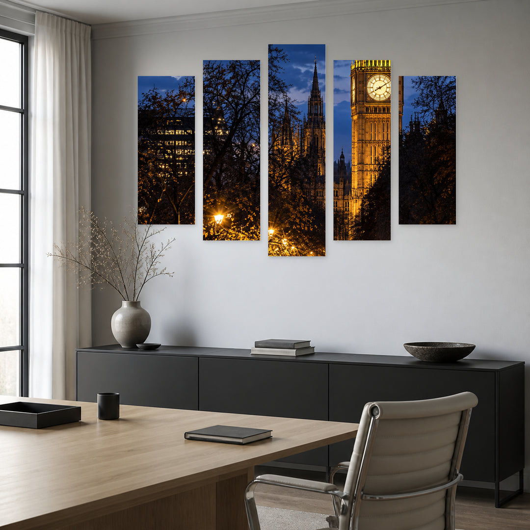 London - Night in Blue and Gold — five-panel wall art in frontal interior | 5wallart 57686 M3