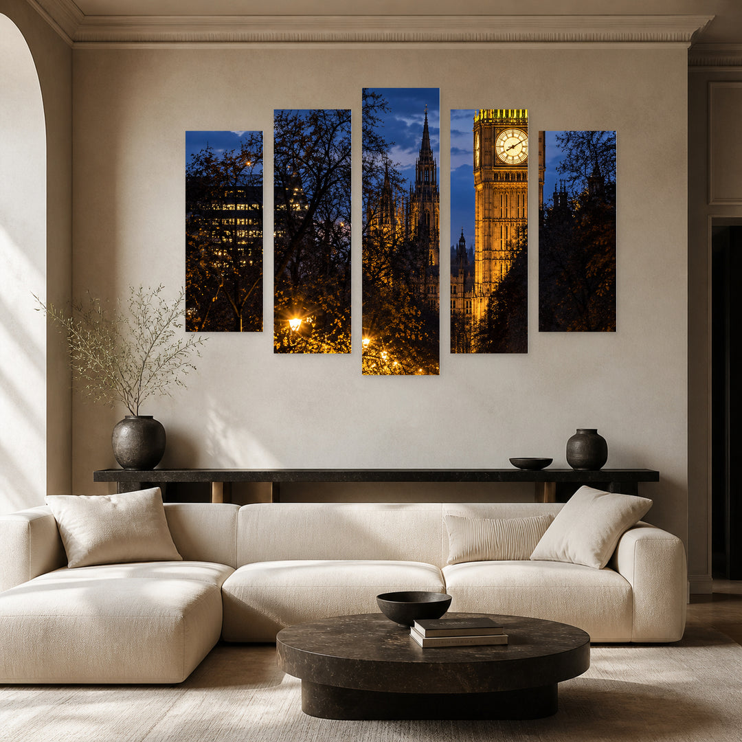 London - Night in Blue and Gold — five-panel wall art in alternate frontal interior | 5wallart 57686 M4