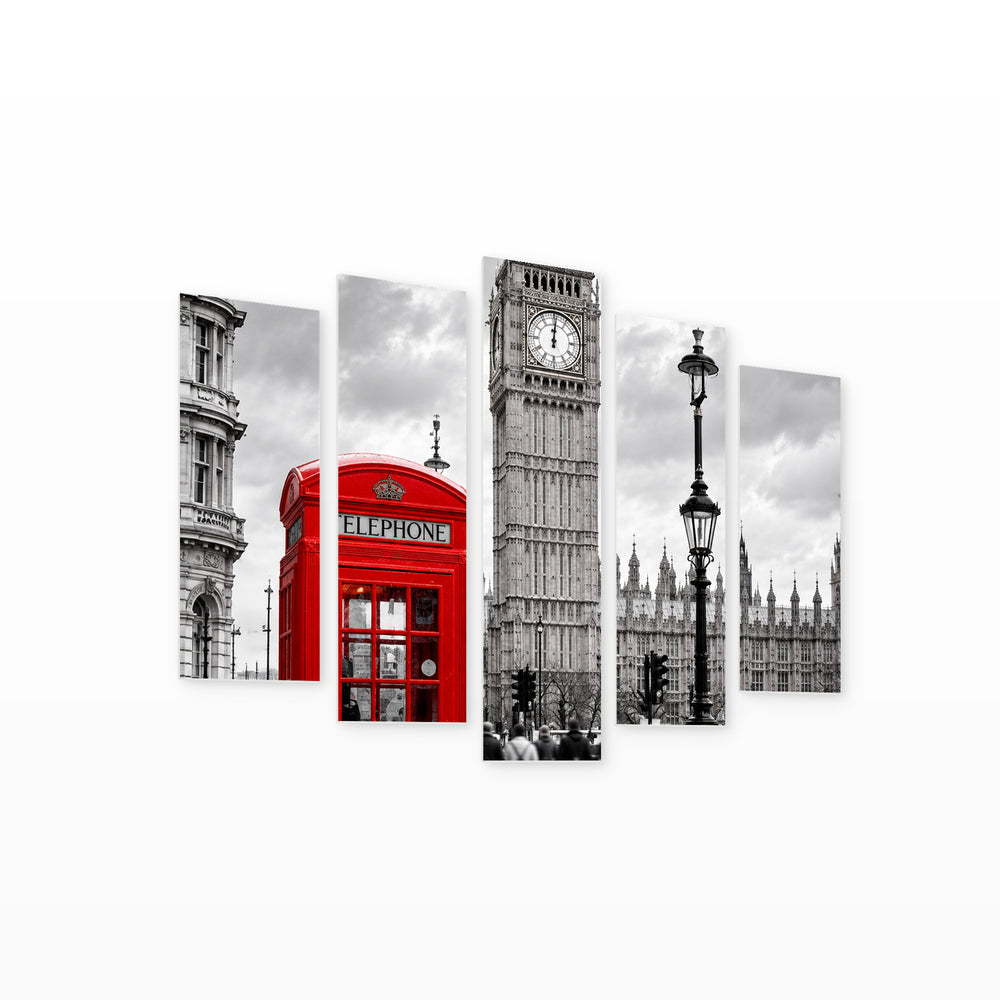 Accent - Phone Booth with Geometric Rhythm — five-panel wall art on white background in perspective | 5wallart 57687 M1