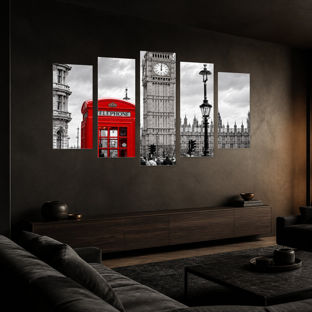 Accent - Phone Booth with Geometric Rhythm — five-panel wall art in perspective interior | 5wallart 57687 M2