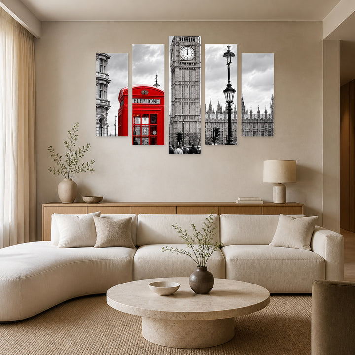 Accent - Phone Booth with Geometric Rhythm — five-panel wall art in frontal interior | 5wallart 57687 M3