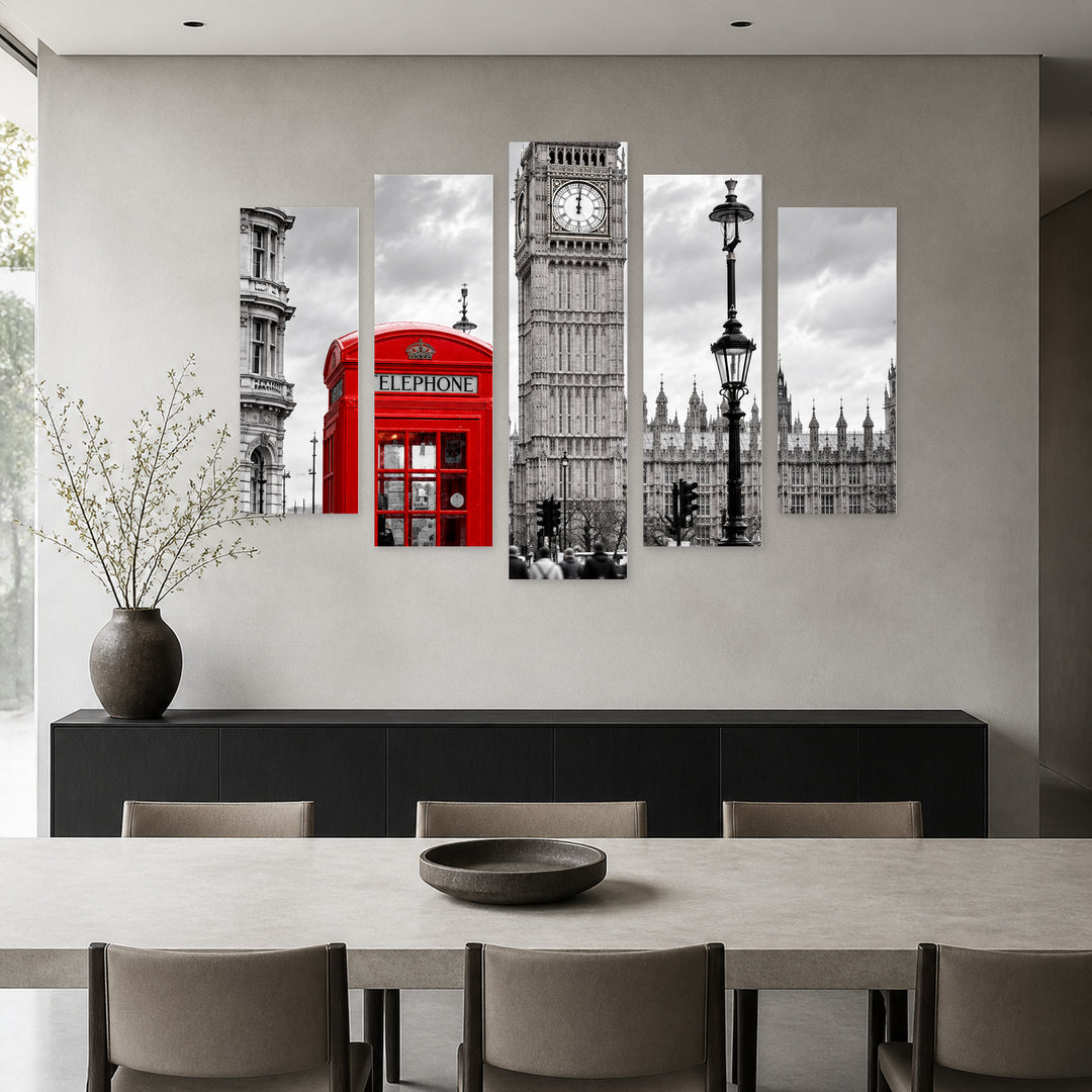 Accent - Phone Booth with Geometric Rhythm — five-panel wall art in alternate frontal interior | 5wallart 57687 M4