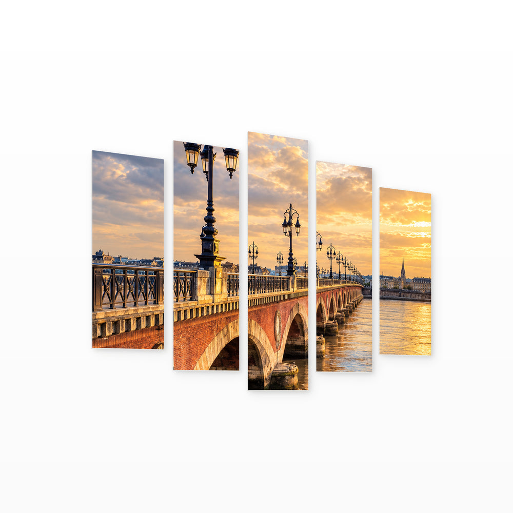 Pont De Pierre, Bordeaux in Blue and Gold — five-panel wall art on white background in perspective | 5wallart 57689 M1