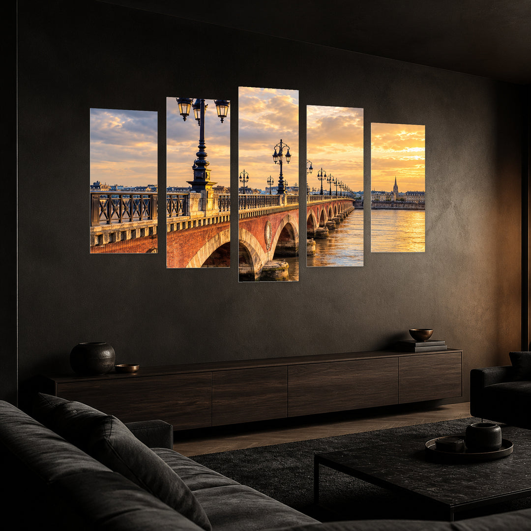 Pont De Pierre, Bordeaux in Blue and Gold — five-panel wall art in perspective interior | 5wallart 57689 M2