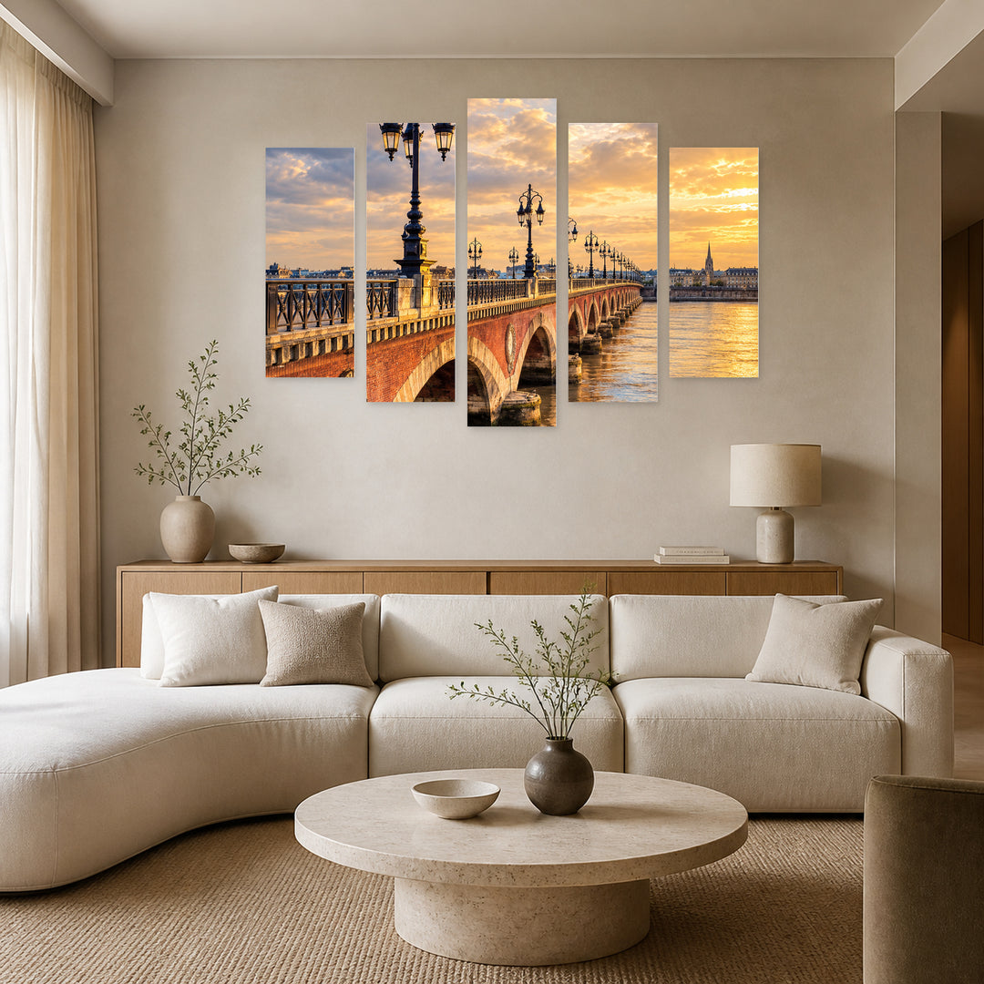 Pont De Pierre, Bordeaux in Blue and Gold — five-panel wall art in frontal interior | 5wallart 57689 M3
