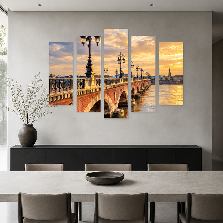 Pont De Pierre, Bordeaux in Blue and Gold — five-panel wall art in alternate frontal interior | 5wallart 57689 M4