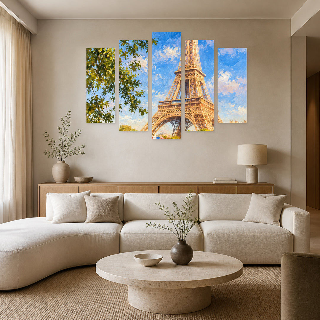 Paris with Dreamlike Atmosphere — five-panel wall art in alternate frontal interior | 5wallart 57690 M4