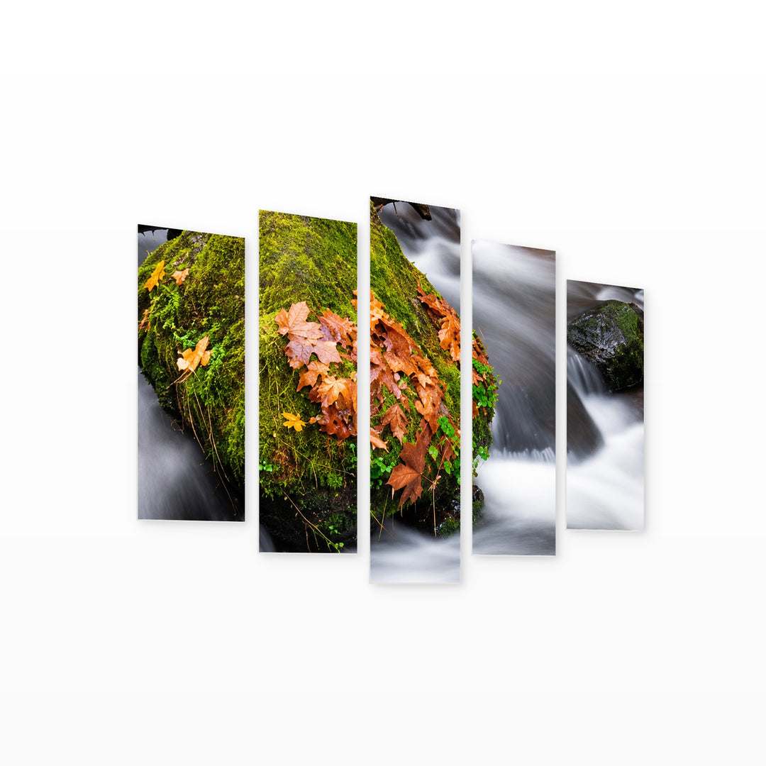 Autumn Mountain Stream in Serene Light — five-panel wall art on white background in perspective | 5wallart 57691 M1