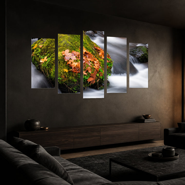 Autumn Mountain Stream in Serene Light — five-panel wall art in perspective interior | 5wallart 57691 M2