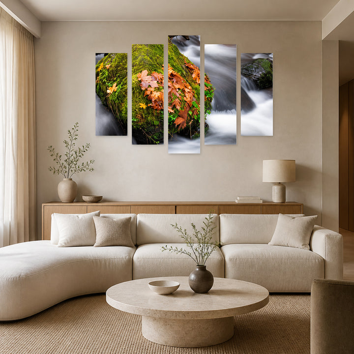 Autumn Mountain Stream in Serene Light — five-panel wall art in frontal interior | 5wallart 57691 M3