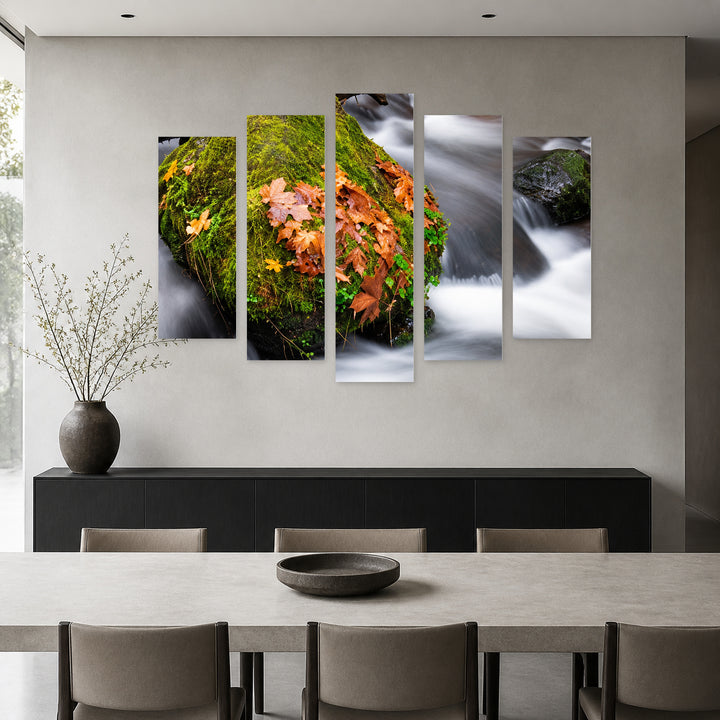 Autumn Mountain Stream in Serene Light — five-panel wall art in alternate frontal interior | 5wallart 57691 M4