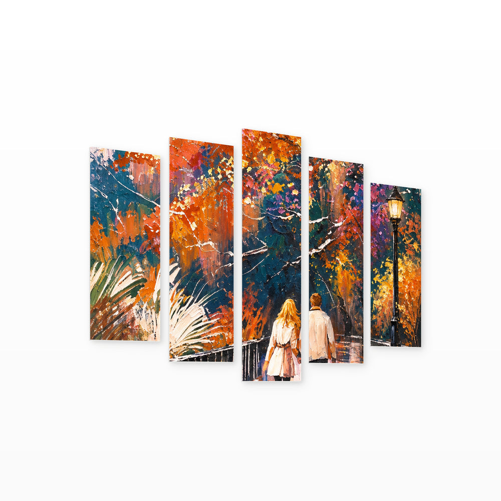 Walk in the Park in Serene Light — five-panel wall art on white background in perspective | 5wallart 57692 M1