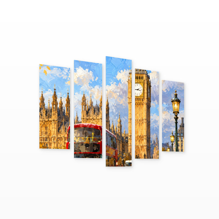 London in Blue and Gold — five-panel wall art on white background in perspective | 5wallart 57693 M1