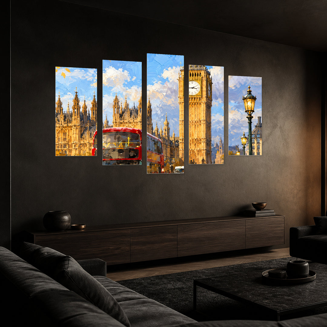 London in Blue and Gold — five-panel wall art in perspective interior | 5wallart 57693 M2