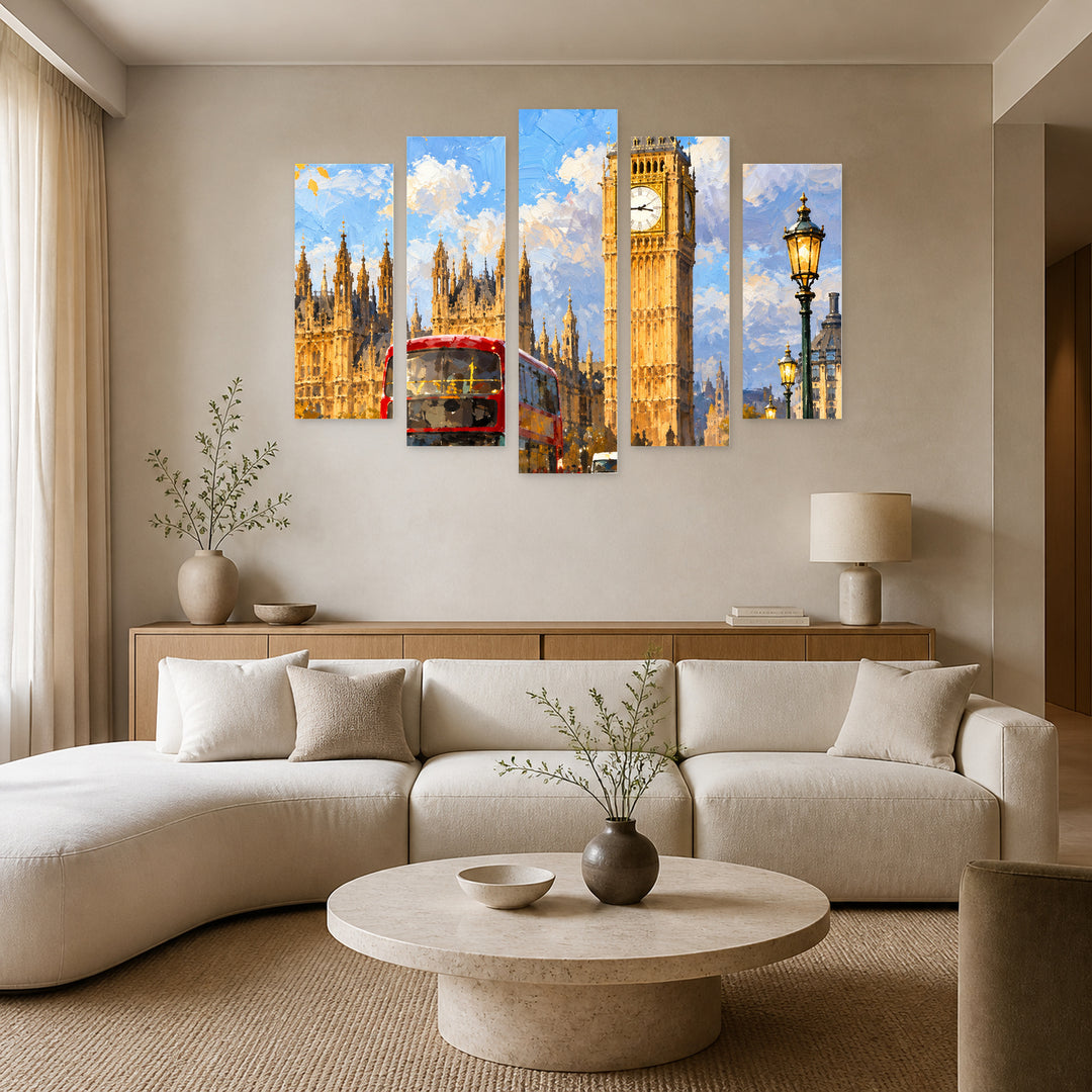 London in Blue and Gold — five-panel wall art in frontal interior | 5wallart 57693 M3
