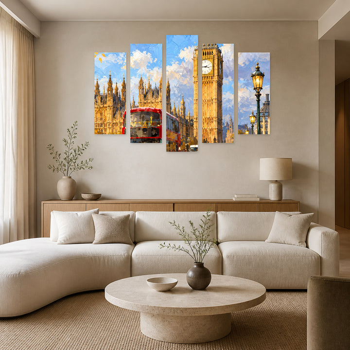 London in Blue and Gold — five-panel wall art in frontal interior | 5wallart 57693 M3