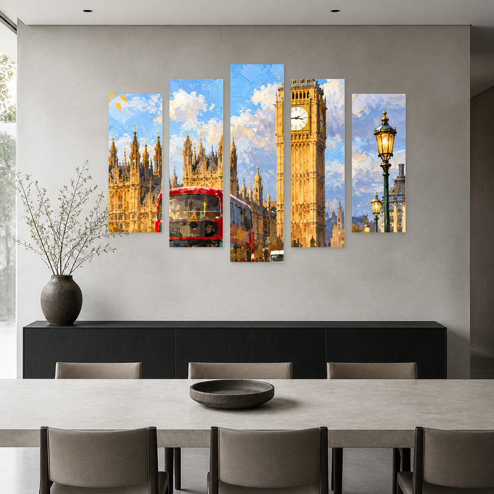 London in Blue and Gold — five-panel wall art in alternate frontal interior | 5wallart 57693 M4