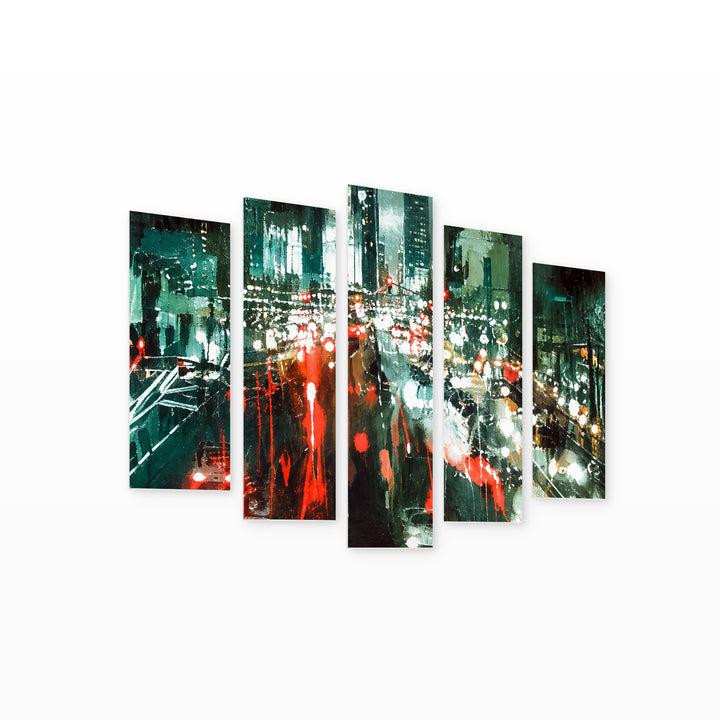 Red Lights at Night — five-panel wall art on white background in perspective | 5wallart 57694 M1