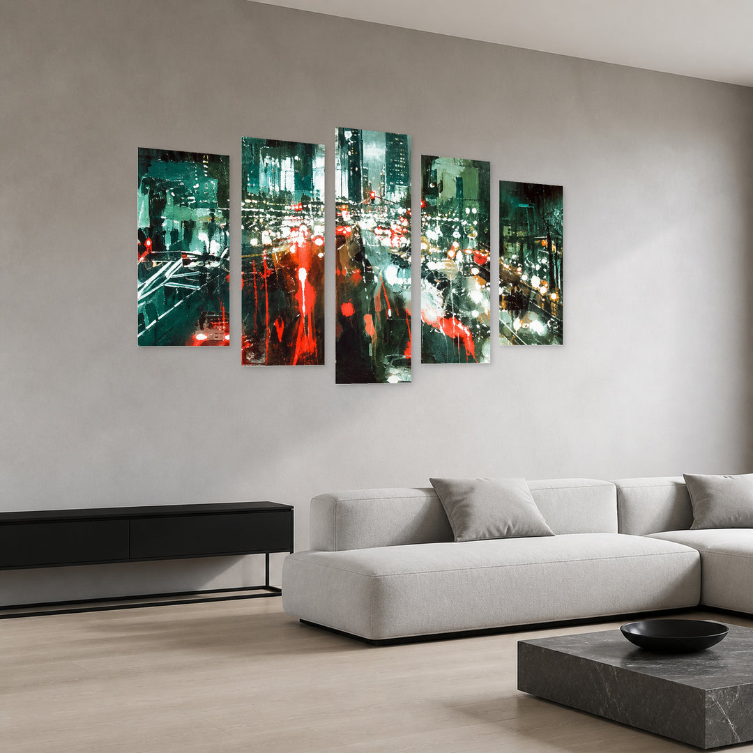Red Lights at Night — five-panel wall art in perspective interior | 5wallart 57694 M2