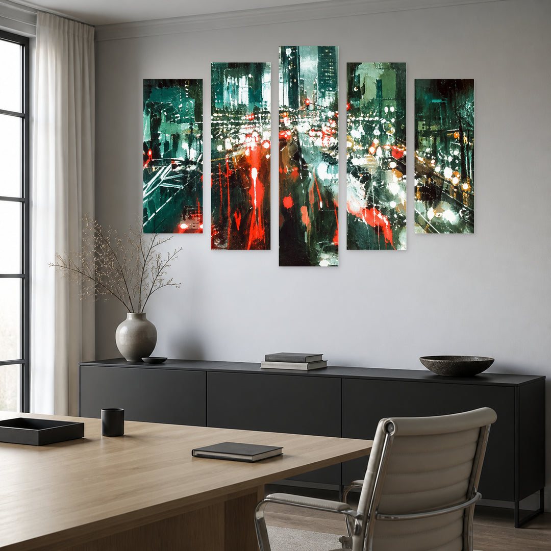 Red Lights at Night — five-panel wall art in frontal interior | 5wallart 57694 M3