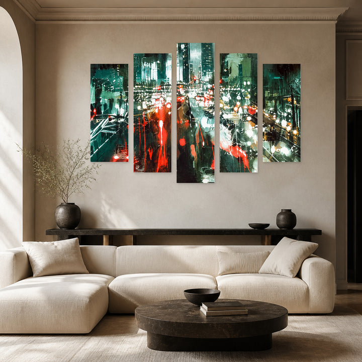 Red Lights at Night — five-panel wall art in alternate frontal interior | 5wallart 57694 M4