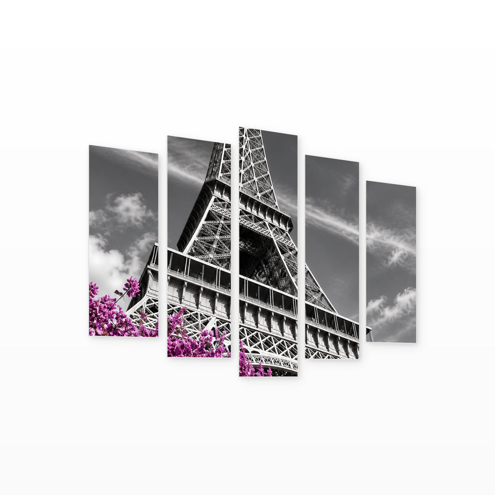 Eiffel Tower with Purple Accent with Dreamlike Atmosphere — five-panel wall art on white background in perspective | 5wallart 57695 M1