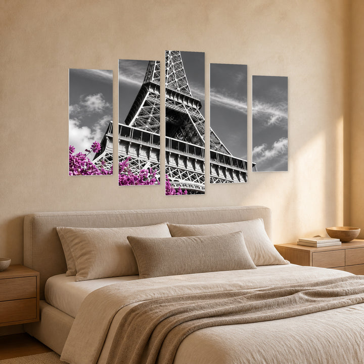 Eiffel Tower with Purple Accent with Dreamlike Atmosphere — five-panel wall art in perspective interior | 5wallart 57695 M2