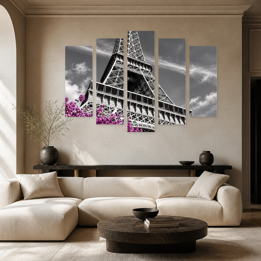 Eiffel Tower with Purple Accent with Dreamlike Atmosphere — five-panel wall art in frontal interior | 5wallart 57695 M3