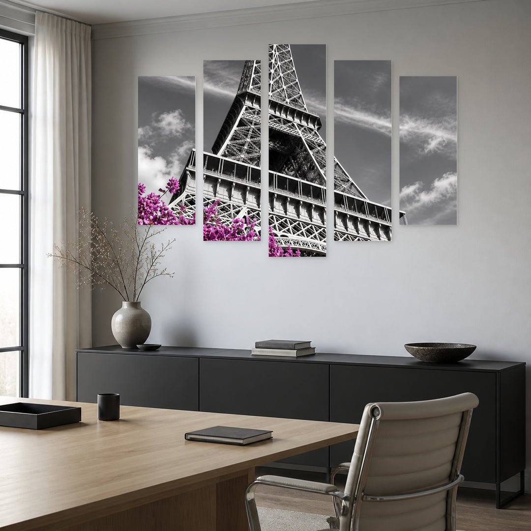 Eiffel Tower with Purple Accent with Dreamlike Atmosphere — five-panel wall art in alternate frontal interior | 5wallart 57695 M4