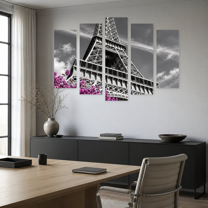Eiffel Tower with Purple Accent with Dreamlike Atmosphere — five-panel wall art in alternate frontal interior | 5wallart 57695 M4