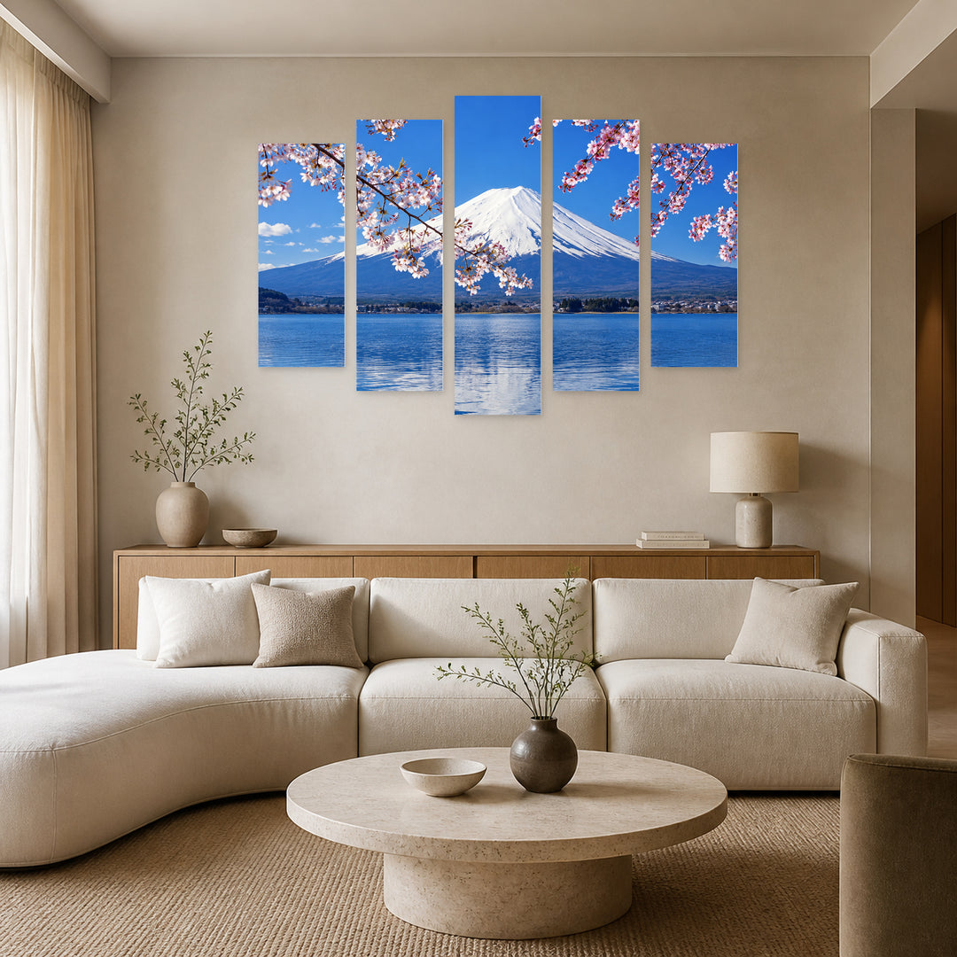 Landscape, Japan with Geometric Rhythm — five-panel wall art in alternate frontal interior | 5wallart 57698 M4