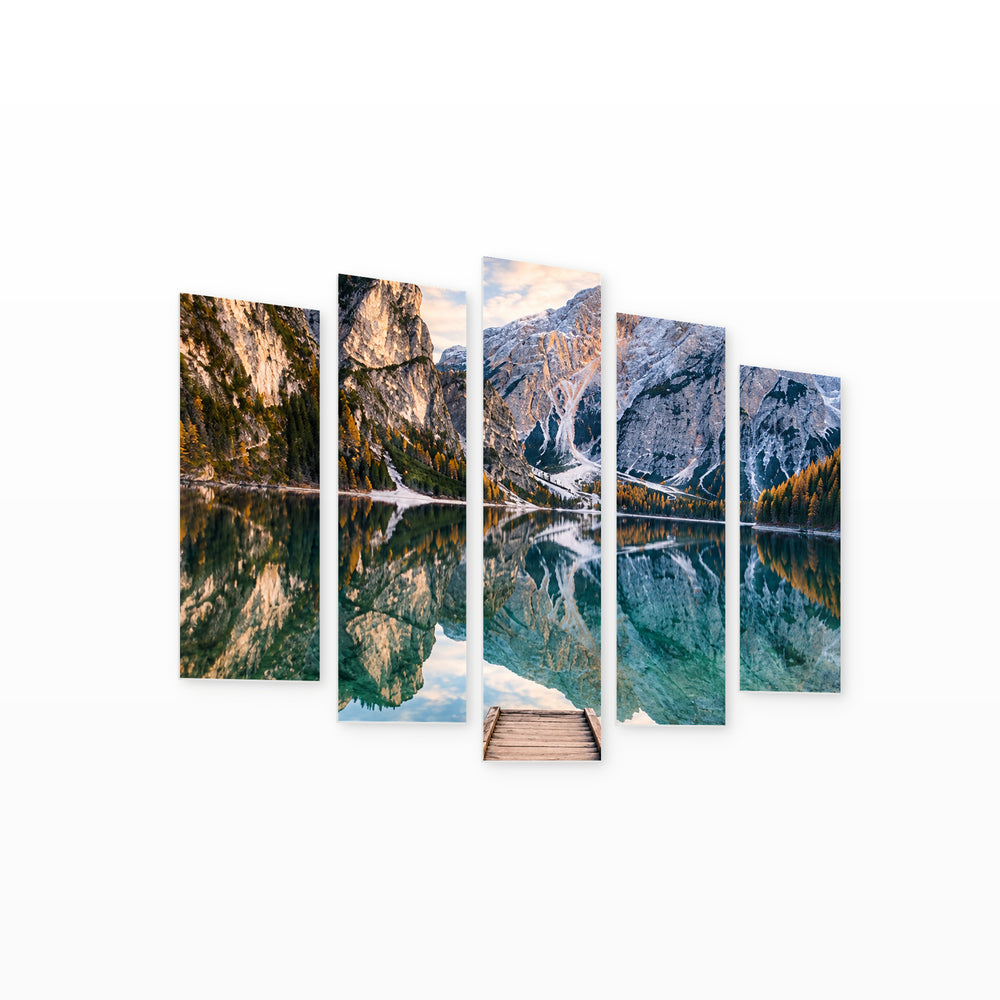 Scandinavian Mountain Lake in Serene Light — five-panel wall art on white background in perspective | 5wallart 57699 M1