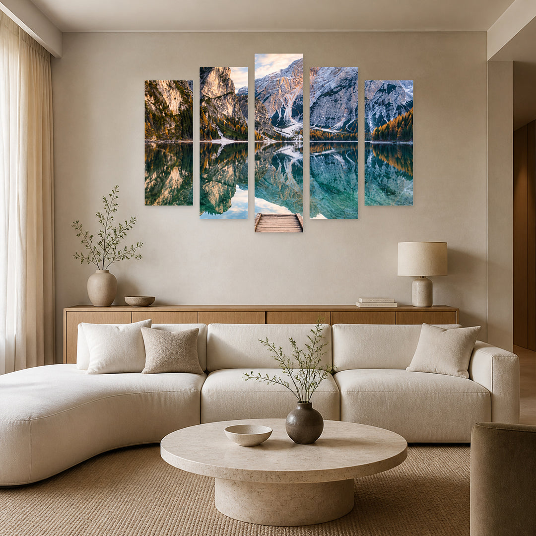 Scandinavian Mountain Lake in Serene Light — five-panel wall art in frontal interior | 5wallart 57699 M3