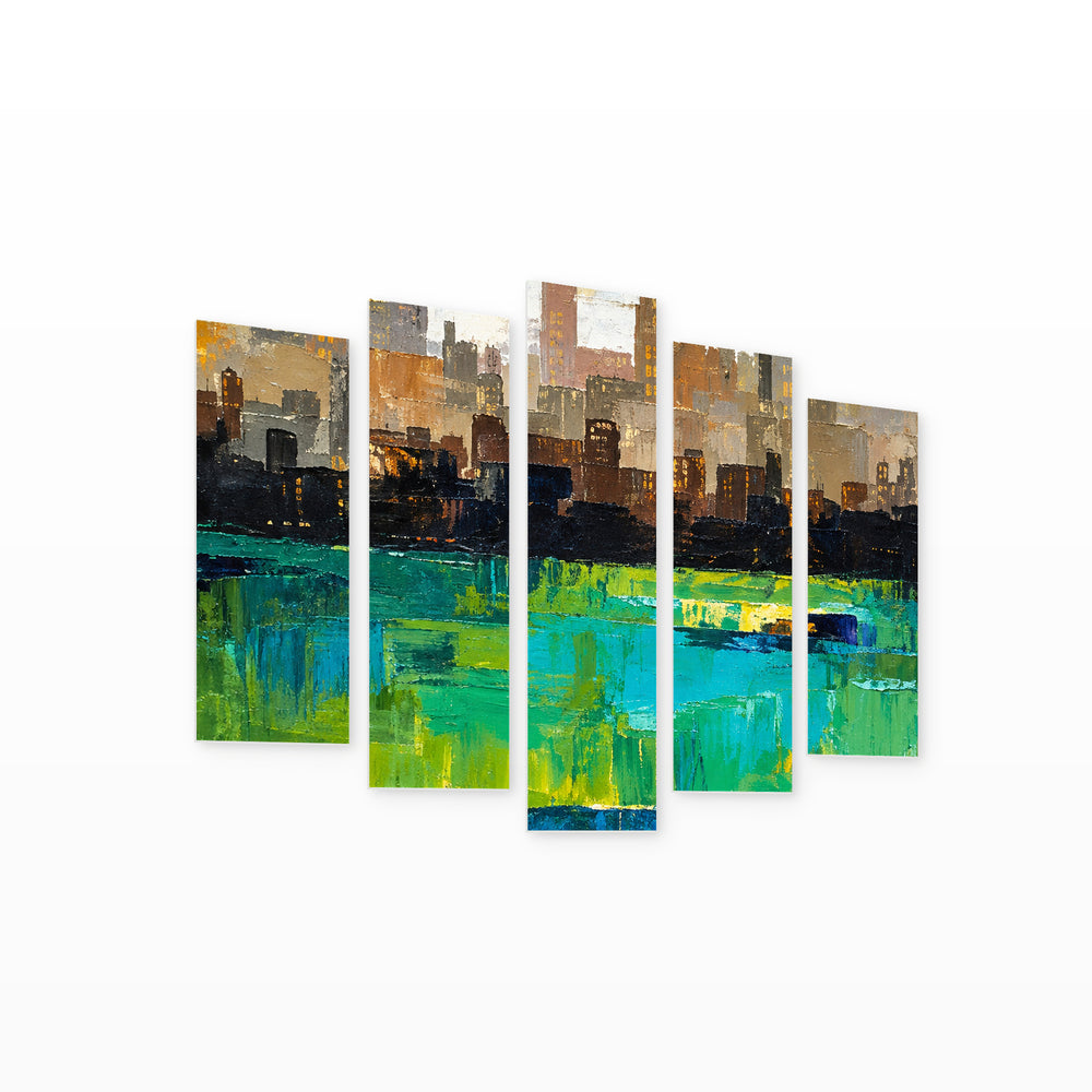 Abstract Urban Painting at Night — five-panel wall art on white background in perspective | 5wallart 57701 M1