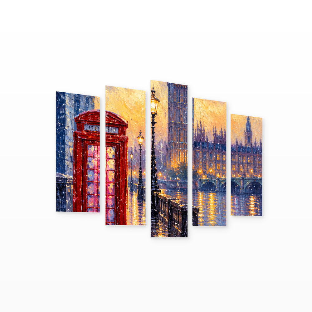 Rainy London at Night — five-panel wall art on white background in perspective | 5wallart 57702 M1