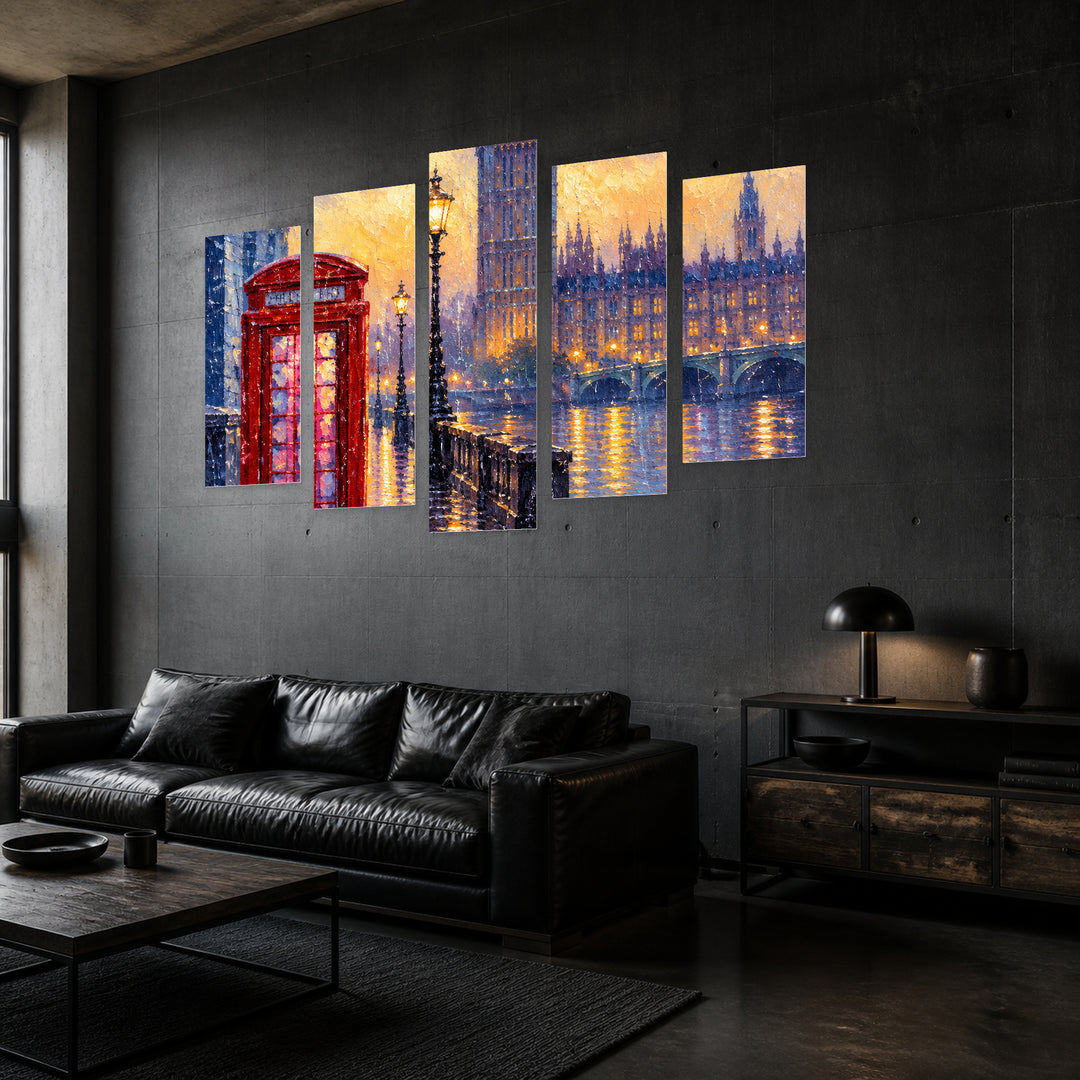Rainy London at Night — five-panel wall art in perspective interior | 5wallart 57702 M2