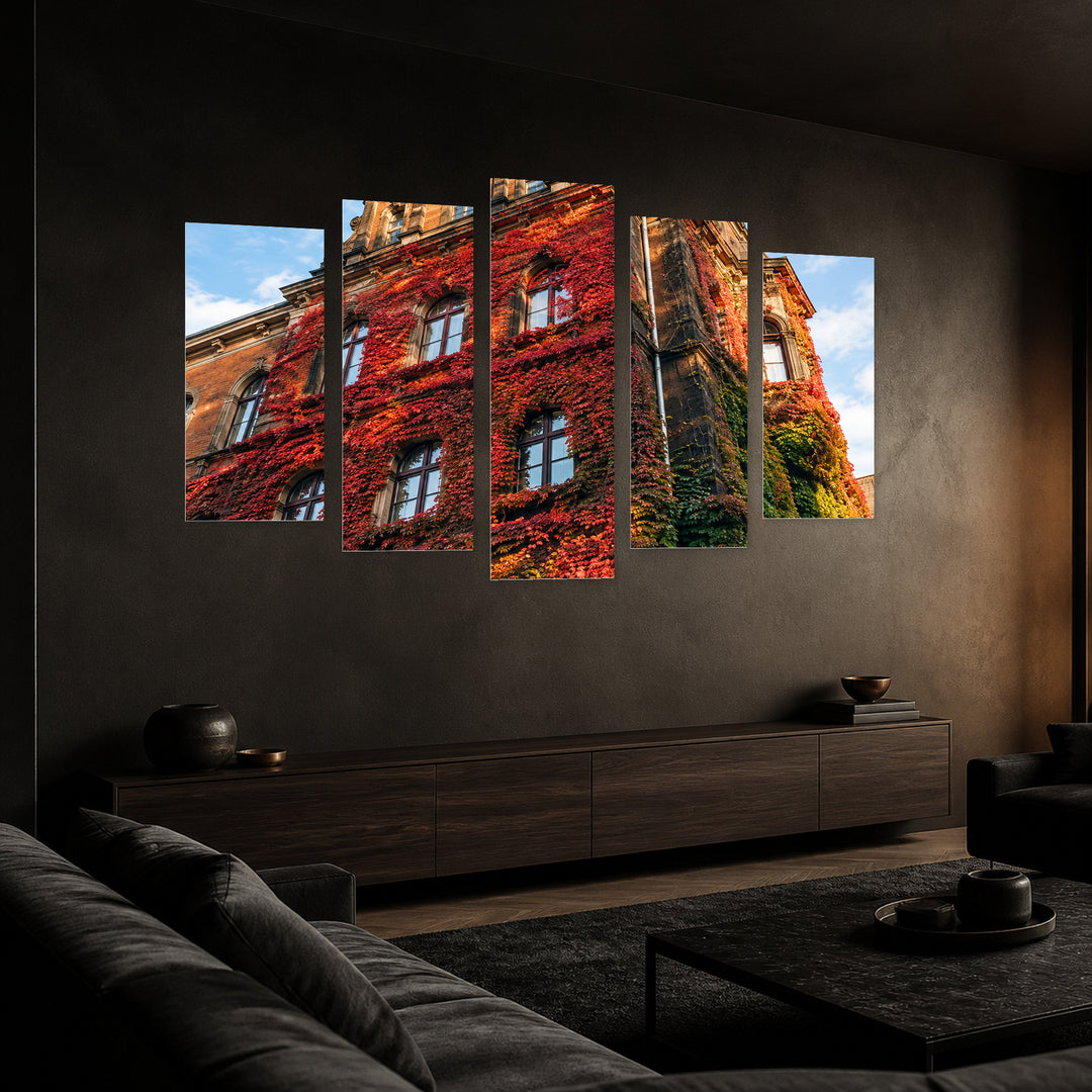 Blooming Building in Vivid Color — five-panel wall art in perspective interior | 5wallart 57703 M2