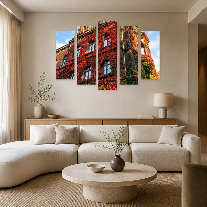 Blooming Building in Vivid Color — five-panel wall art in frontal interior | 5wallart 57703 M3